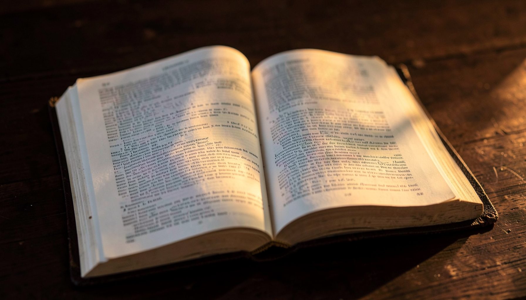 An open Bible resting on a dark wooden surface with warm golden light highlighting the pages, calm and reflective mood