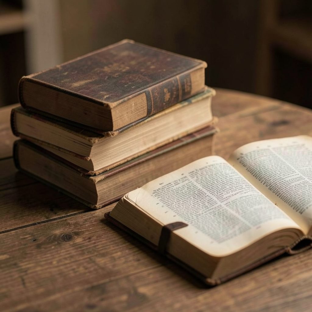 A stack of worn hardcover books and an open Bible resting on a wooden table, in muted brown and tan tones with soft warm lighting