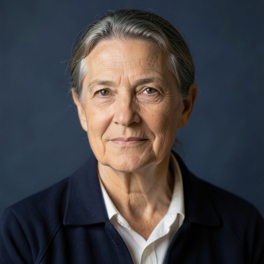 A warm, dignified portrait setting with soft natural light against a muted navy background, conveying reverence and quiet strength.