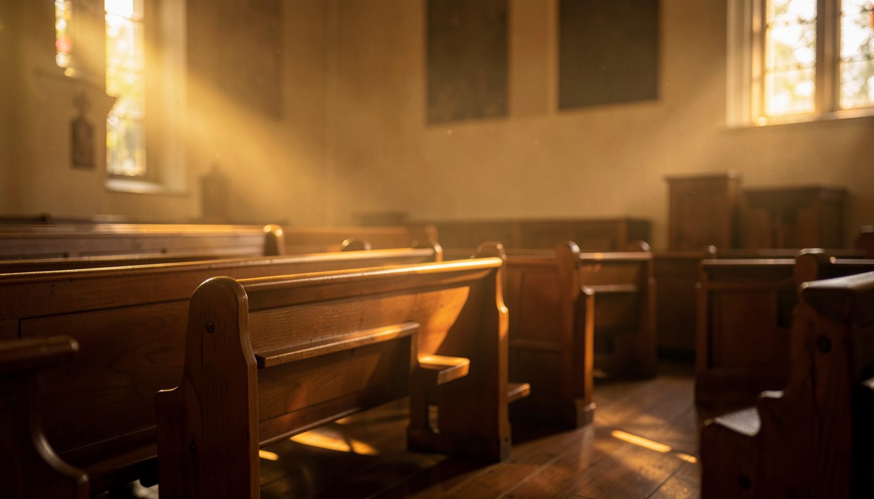 Soft golden light falling across quiet wooden pews inside a calm sanctuary, warm amber and deep brown tones creating a reflective, prayerful mood