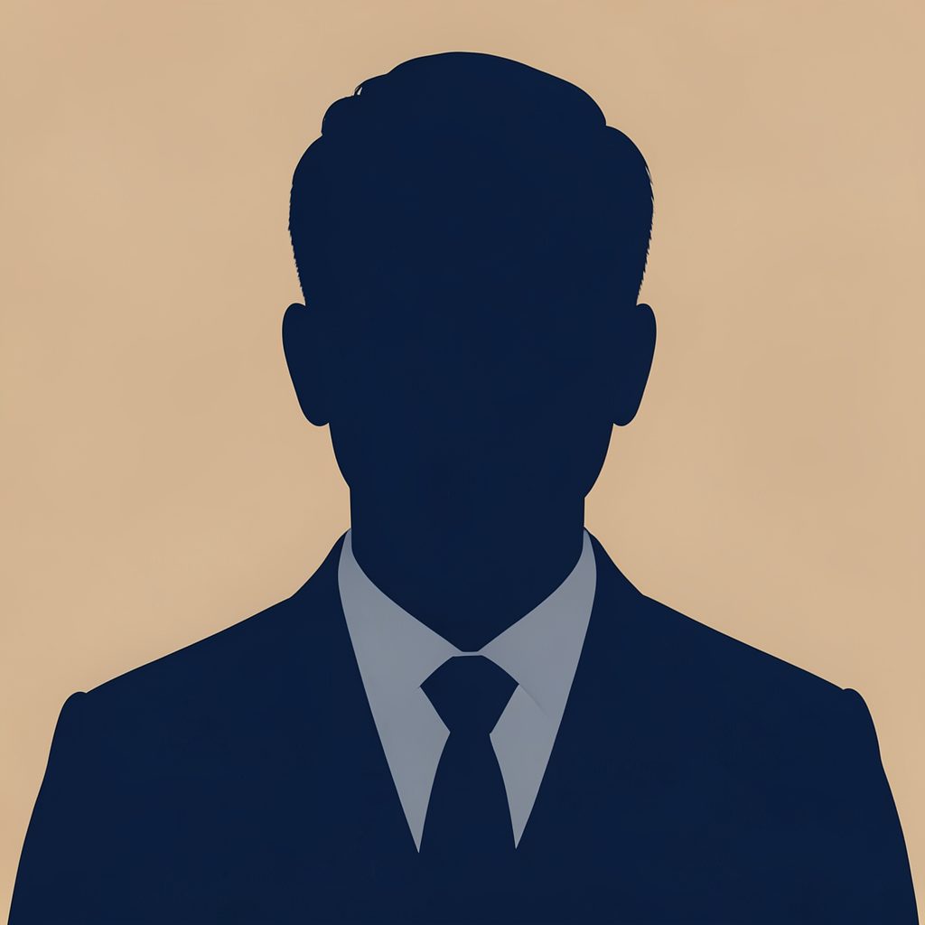 A simple portrait-style silhouette in deep navy blue with a soft tan background, formal and dignified in mood