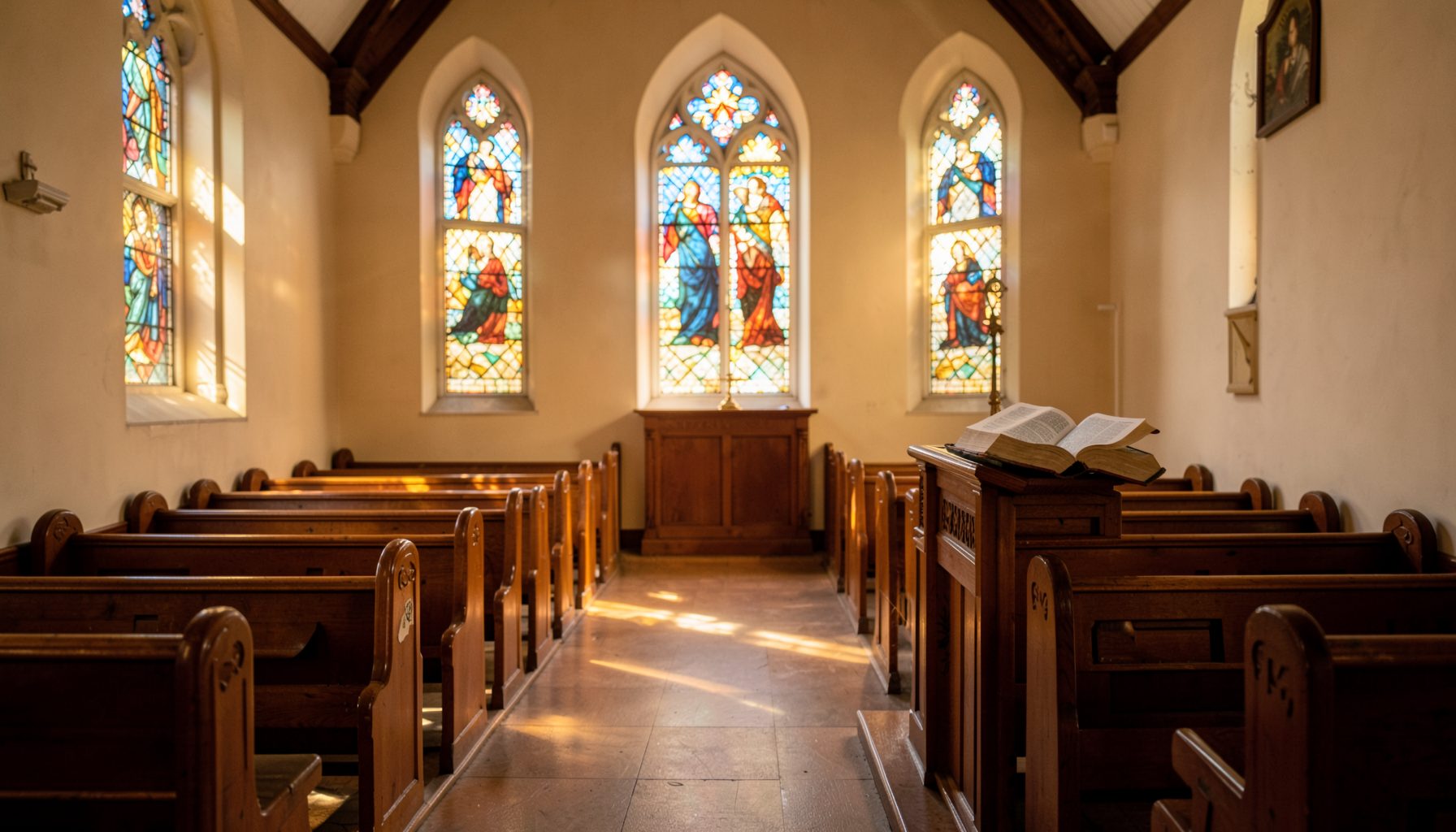 A warm, sunlit interior of a modest church sanctuary with wooden pews, stained-glass windows casting soft amber and blue light, and an open Bible on the pulpit.