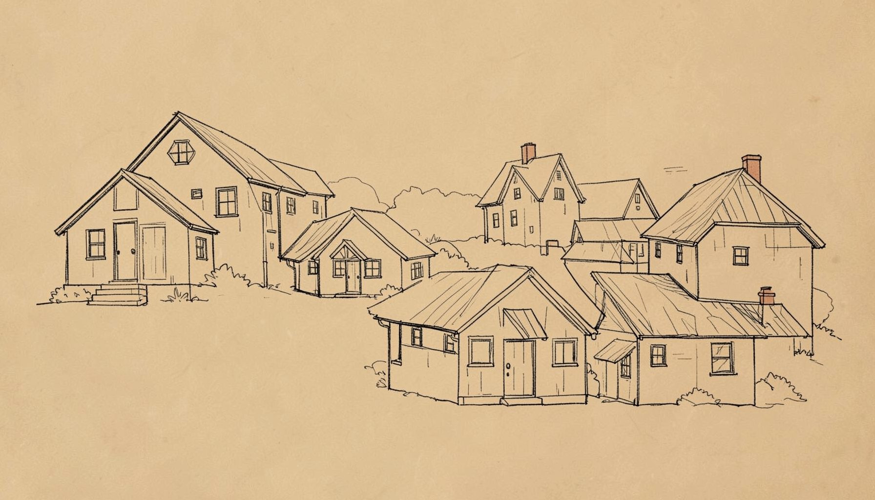 A group of small church buildings sketched in outline style on a tan background, community and fellowship mood