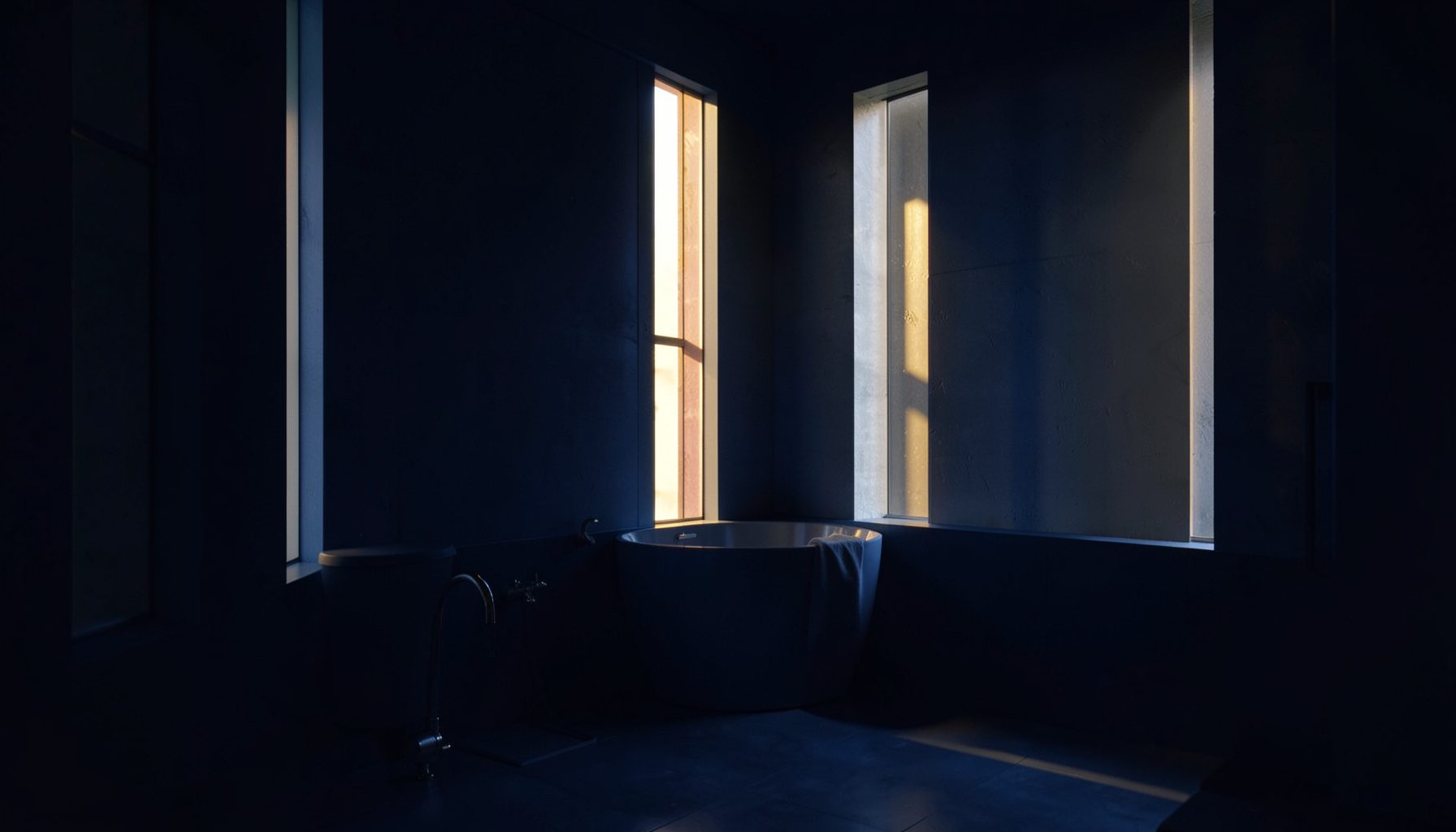 A calm sanctuary interior bathed in deep navy blue shadow and warm golden light streaming through tall windows, conveying a quiet, reverent mood